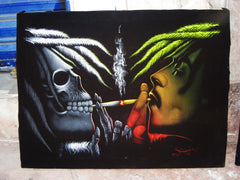 Bob Marley & Skull portrait; Robert Nesta "Bob" Marley; Rasta colors, Original Oil painting on Black Velvet by Zenon Matias Jimenez- #JM10