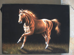 Horse running in grass ; Original Oil Painting on Black Velvet ;   by Jorge Terrones -(size 18"x24")-p2 J021