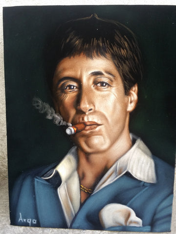 Tony Montana Portrait , Al Pacino, Scarface Original Oil Painting on Black Velvet by Alfredo Rodriguez "ARGO" - #A156