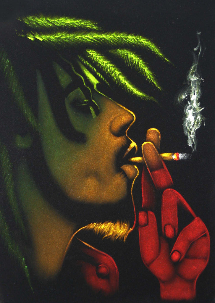Bob Marley with Weed Leaf; Smokes; Jamaican reggae singer ; Original Oil painting on Black Velvet by Zenon Matias Jimenez- #JM06