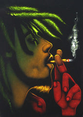 Bob Marley with Weed Leaf; Smokes; Jamaican reggae singer ; Original Oil painting on Black Velvet by Zenon Matias Jimenez- #JM06