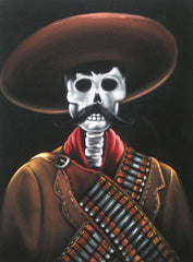 Zapata, Calavera de Emiliano Zapata,  Oil Painting Portrait on Black Velvet; Original Oil painting on Black Velvet by Santos Llamas- #SA98
