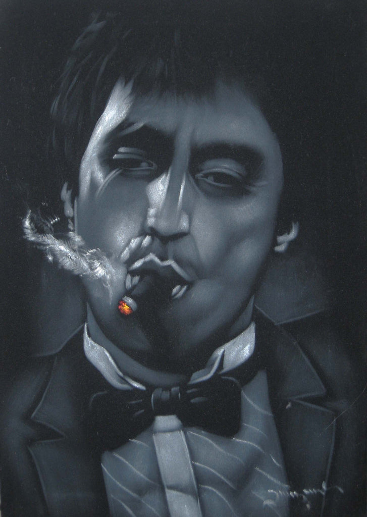 Tony Montana portrait; Al Pacino; Scarface; Original Oil painting on Black Velvet by Zenon Matias Jimenez- #JM07