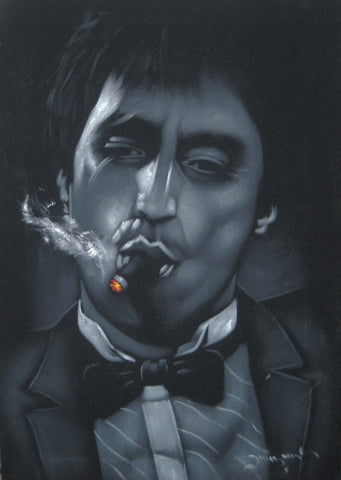 Tony Montana portrait; Al Pacino; Scarface; Original Oil painting on Black Velvet by Zenon Matias Jimenez- #JM07