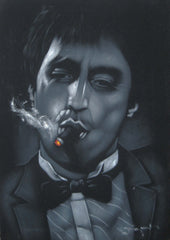 Tony Montana portrait; Al Pacino; Scarface; Original Oil painting on Black Velvet by Zenon Matias Jimenez- #JM07