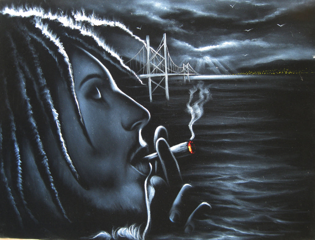 Bob Marley Smoking,  Original Oil Painting on Black Velvet by Enrique Felix , "Felix" - #F74