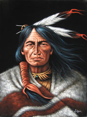 American Indian Portrait; Feathers; Original Oil Painting on Black Velvet ;   by Jorge Terrones -(size 18"x24")-p2 J014