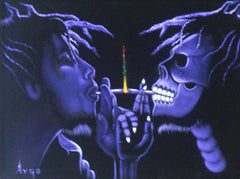 Bob Marley Portrait, skull in purple, Original Oil Painting on Black Velvet by Alfredo Rodriguez "ARGO" - #A16