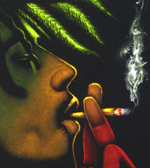 Bob Marley with Weed Leaf; Smokes; Jamaican reggae singer ; Original Oil painting on Black Velvet by Zenon Matias Jimenez- #JM06