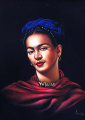 Frida Kahlo Portrait, Ofelia Medina as Frida,  Original Oil Painting on Black Velvet by Enrique Felix , "Felix" - #F1