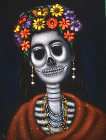 Frida Kahlo Portrait, La Calavera Catrina Skull Original Oil Painting on Black Velvet by Alfredo Rodriguez "ARGO" - #A123