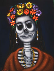 Frida Kahlo Portrait, La Calavera Catrina Skull Original Oil Painting on Black Velvet by Alfredo Rodriguez "ARGO" - #A123