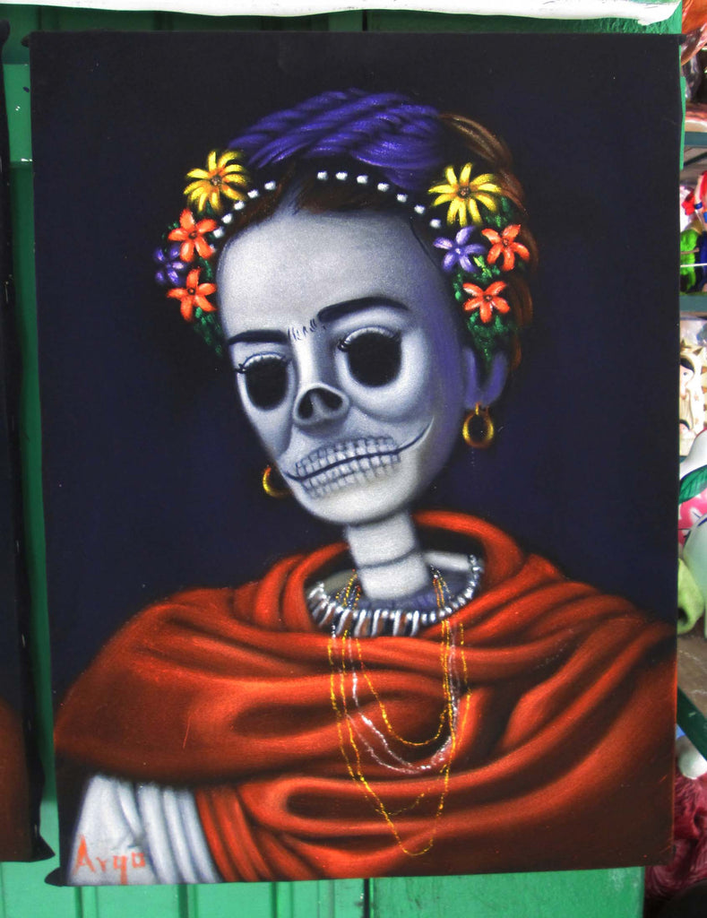 Frida Kahlo Portrait, La Calavera Catrina Skull Original Oil Painting on Black Velvet by Alfredo Rodriguez "ARGO" - #A124