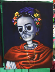 Frida Kahlo Portrait, La Calavera Catrina Skull Original Oil Painting on Black Velvet by Alfredo Rodriguez "ARGO" - #A124