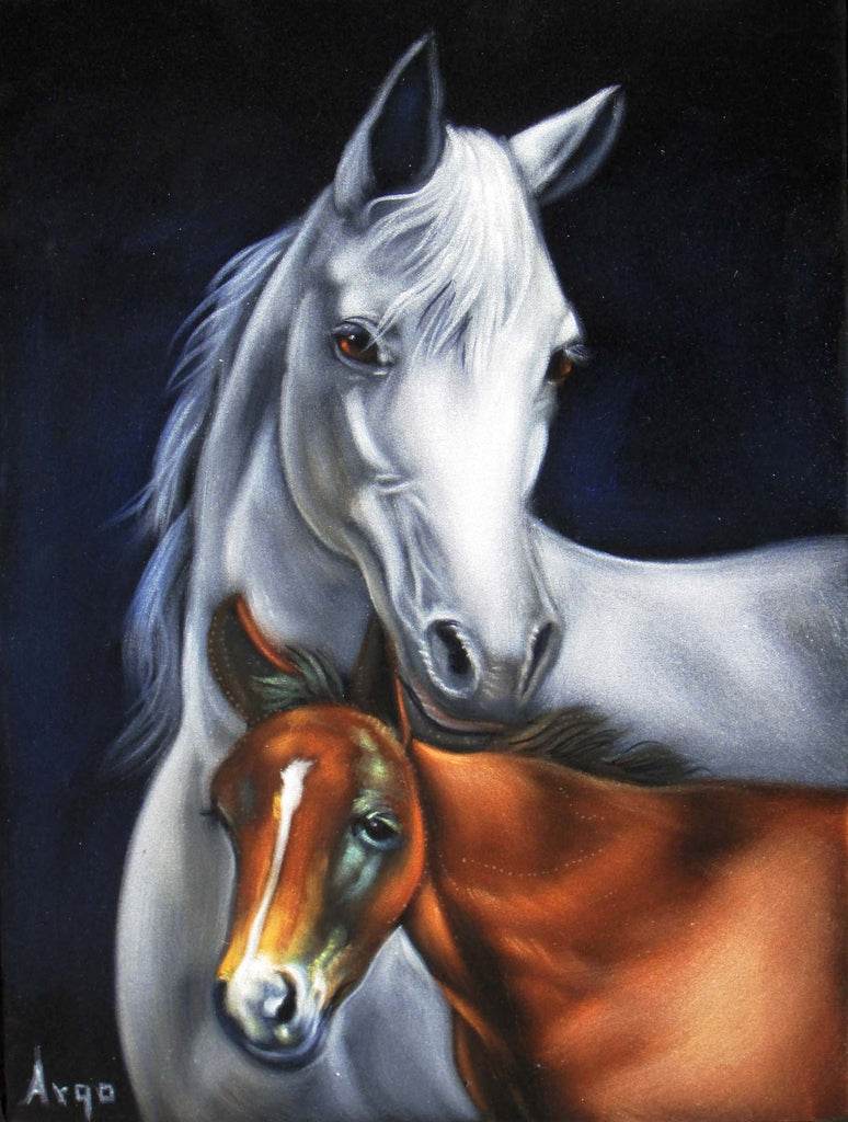 Mare and Colt, Horse,  Original Oil Painting on Black Velvet by Alfredo Rodriguez "ARGO"  - #A131