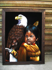 Indian child with eagle,  Original Oil Painting on Black Velvet by Alfredo Rodriguez "ARGO" - #A150