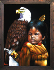 Indian child with eagle,  Original Oil Painting on Black Velvet by Alfredo Rodriguez "ARGO" - #A150