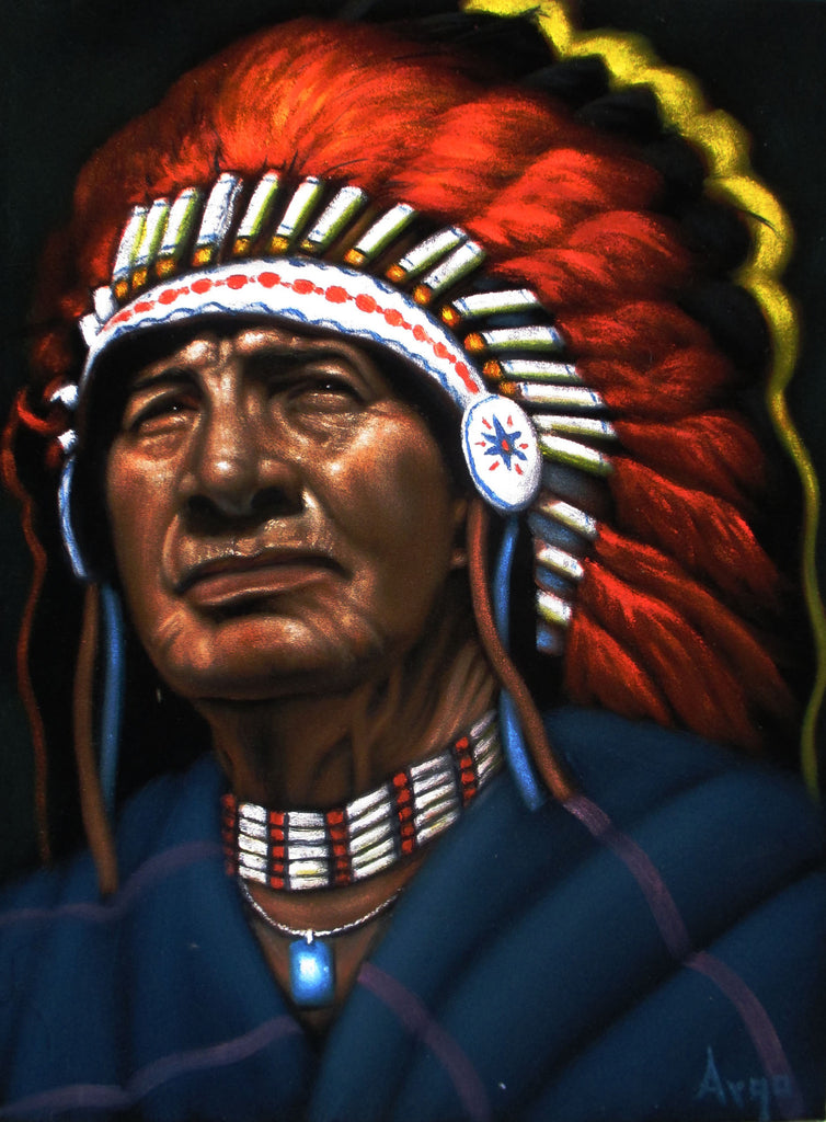 Indian chief,  Original Oil Painting on Black Velvet by Alfredo Rodriguez "ARGO" - #A151