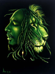 Bob Marley Portrait , Iron Lion Zion, Original Oil Painting on Black Velvet by Alfredo Rodriguez "ARGO" - #A175