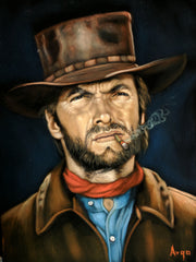 Clint Eastwood Portrait from "good bad ugly" movie Original Oil Painting on Black Velvet by Alfredo Rodriguez "ARGO" - #A327