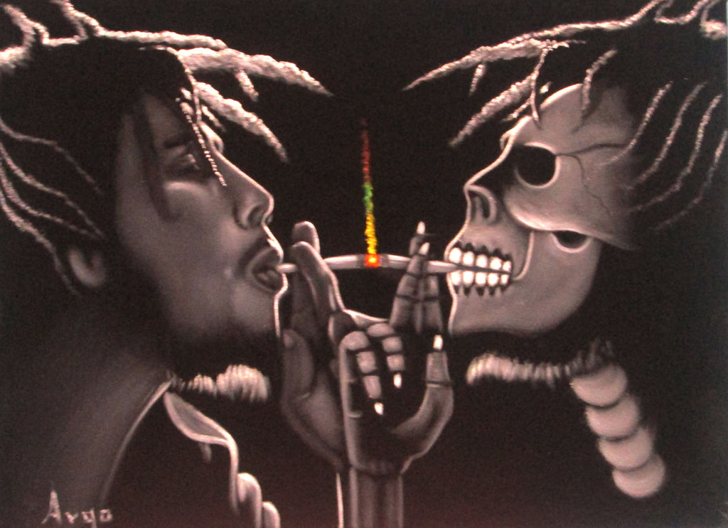 Bob Marley Portrait, skull, Original Oil Painting on Black Velvet by Alfredo Rodriguez "ARGO" - #A74