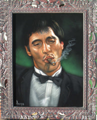 Tony Montana Portrait , Al Pacino, Scarface Original Oil Painting on Black Velvet by Alfredo Rodriguez "ARGO" - #A88