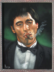 Tony Montana Portrait , Al Pacino, Scarface Original Oil Painting on Black Velvet by Alfredo Rodriguez "ARGO" - #A88