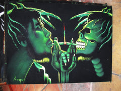 Bob Marley Portrait, skull, Original Oil Painting on Black Velvet by Alfredo Rodriguez "ARGO" - #A97