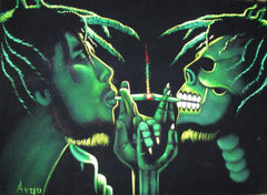 Bob Marley Portrait, skull, Original Oil Painting on Black Velvet by Alfredo Rodriguez "ARGO" - #A97