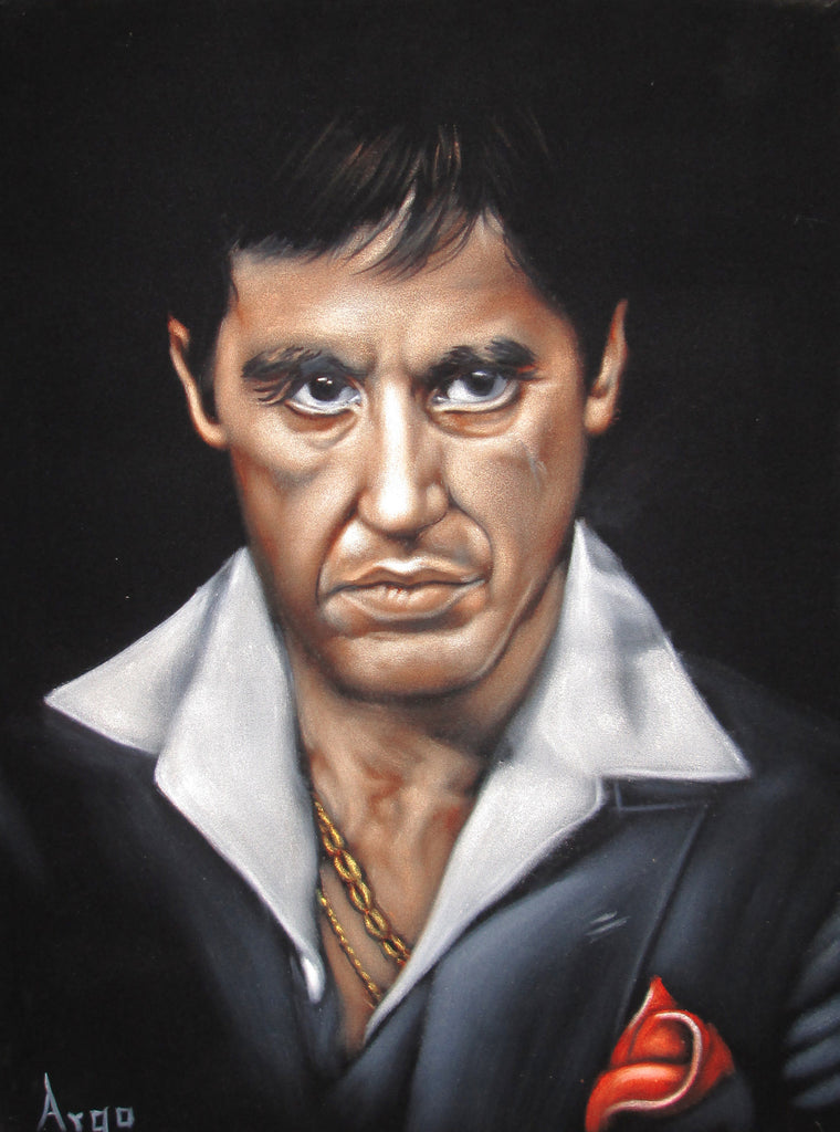 Tony Montana Portrait , Al Pacino, Scarface Original Oil Painting on Black Velvet by Alfredo Rodriguez "ARGO" - #A98