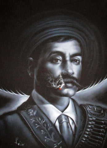 Emiliano Zapata Portrait, Mexican Revolution Leader, Original Oil Painting on Black Velvet by Enrique Felix , "Felix" - #F100