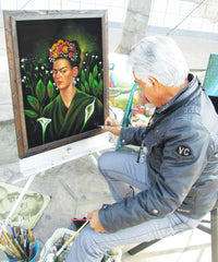 Frida Kahlo Portrait  Original Oil Painting on Black Velvet by Enrique Felix , "Felix" - #F104