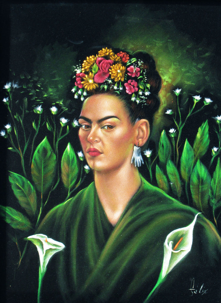 Frida Kahlo Portrait  Original Oil Painting on Black Velvet by Enrique Felix , "Felix" - #F104
