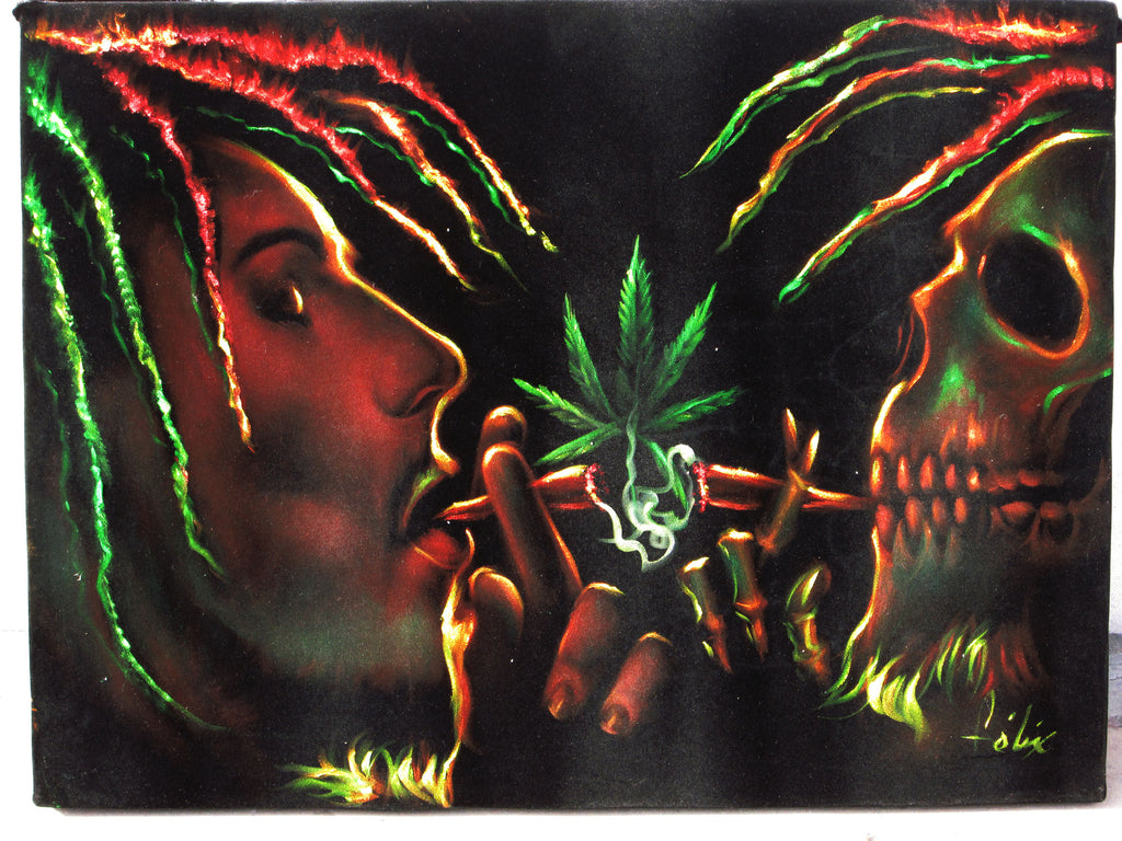 Bob Marley and Skull Smoking,  Original Oil Painting on Black Velvet by Enrique Felix , "Felix" - #F106