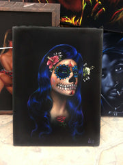 Copy of Sugar Skull Face paint girl, Day of the Dead (Día de los Muertos), Original Oil Painting on Black Velvet by Enrique Felix , "Felix" - #F118