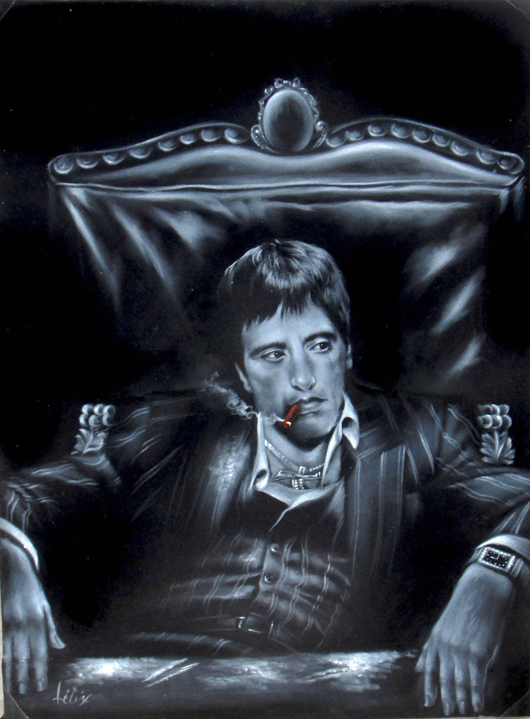 Tony Montana Portrait, in chair with cocaine,  Original Oil Painting on Black Velvet by Enrique Felix , "Felix" - #F125