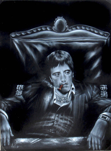 Tony Montana Portrait, in chair with cocaine,  Original Oil Painting on Black Velvet by Enrique Felix , "Felix" - #F125