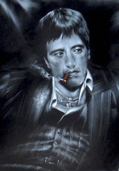 Tony Montana Portrait, in chair with cocaine,  Original Oil Painting on Black Velvet by Enrique Felix , "Felix" - #F125