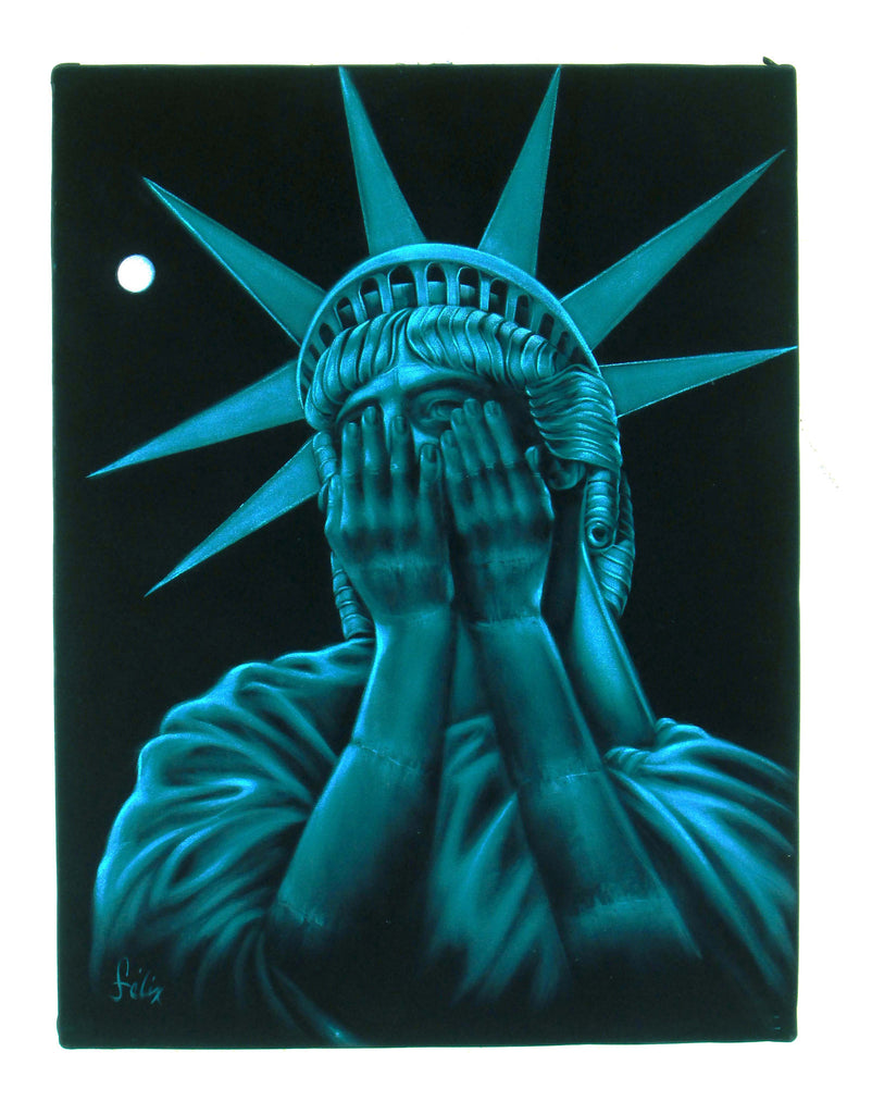 Statue of Liberty Crying, "Liberty in Crisis"  Original Oil Painting on Black Velvet by Enrique Felix , "Felix" - #F126