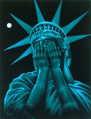 Statue of Liberty Crying, "Liberty in Crisis"  Original Oil Painting on Black Velvet by Enrique Felix , "Felix" - #F126