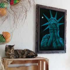 Statue of Liberty Crying, "Liberty in Crisis"  Original Oil Painting on Black Velvet by Enrique Felix , "Felix" - #F126