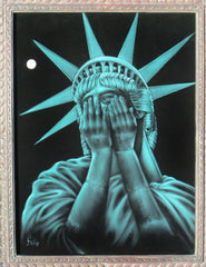 Statue of Liberty Crying, "Liberty in Crisis"  Original Oil Painting on Black Velvet by Enrique Felix , "Felix" - #F126
