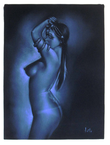 Nude, Sexy Egyptian Playboy Nude in Grey-scale,  Original Oil Painting on Black Velvet by Enrique Felix , "Felix" - #F127