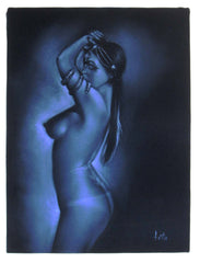 Nude, Sexy Egyptian Playboy Nude in Grey-scale,  Original Oil Painting on Black Velvet by Enrique Felix , "Felix" - #F127
