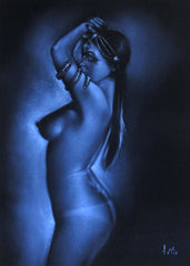 Nude, Sexy Egyptian Playboy Nude in Grey-scale,  Original Oil Painting on Black Velvet by Enrique Felix , "Felix" - #F127