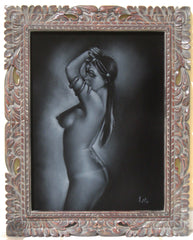 Nude, Sexy Egyptian Playboy Nude in Grey-scale,  Original Oil Painting on Black Velvet by Enrique Felix , "Felix" - #F127