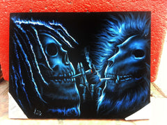 Bob Marley and Lion Skull Smoking,  Original Oil Painting on Black Velvet by Enrique Felix , "Felix" - #F129