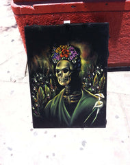 Frida Kahlo Portrait , Calavera de Frida, Original Oil Painting on Black Velvet by Enrique Felix , "Felix" - #F133