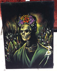 Frida Kahlo Portrait , Calavera de Frida, Original Oil Painting on Black Velvet by Enrique Felix , "Felix" - #F133