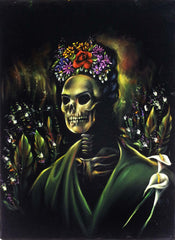 Frida Kahlo Portrait , Calavera de Frida, Original Oil Painting on Black Velvet by Enrique Felix , "Felix" - #F133